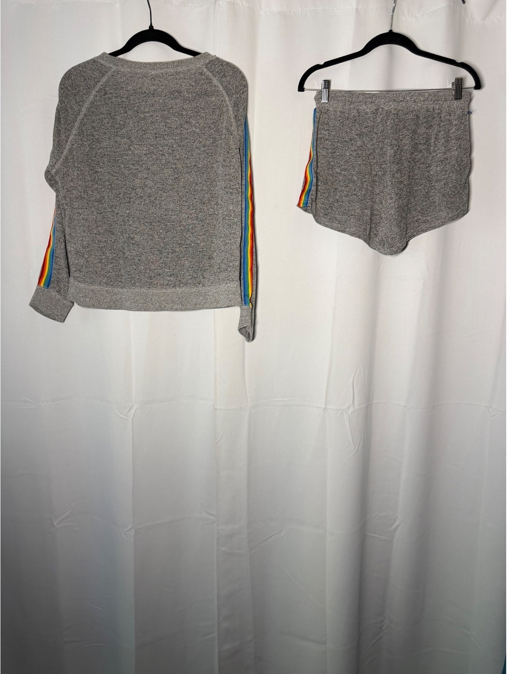 Free Press Women's Grey Sweatshirt and Shorts Lounge Set with Rainbow Stripe - Picture 5 of 7